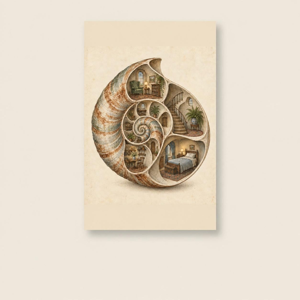 Nautilus Shell House Surreal Printable Wall Art Digital Download — image 1