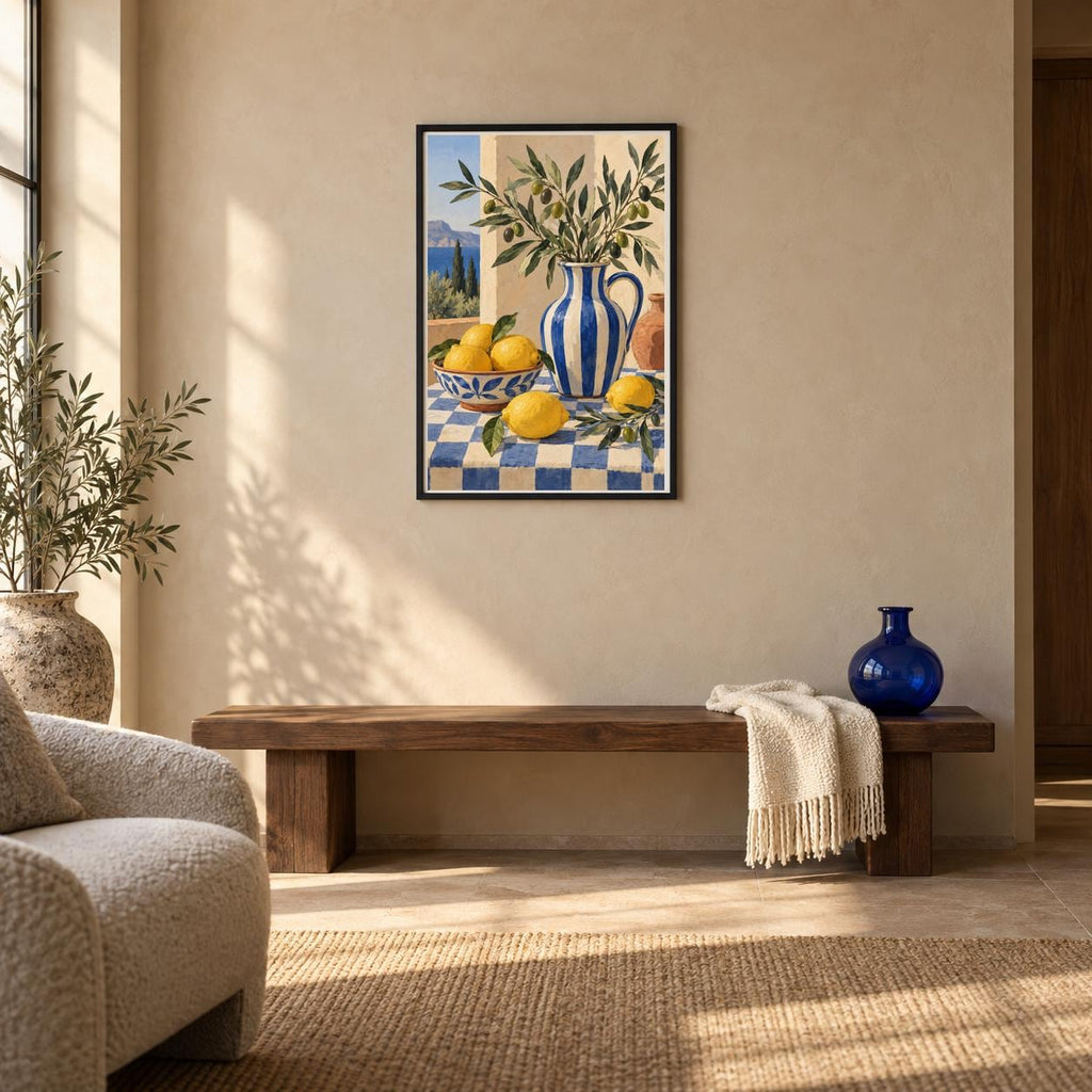 Framed lemon still life printable wall art in a warm neutral living room