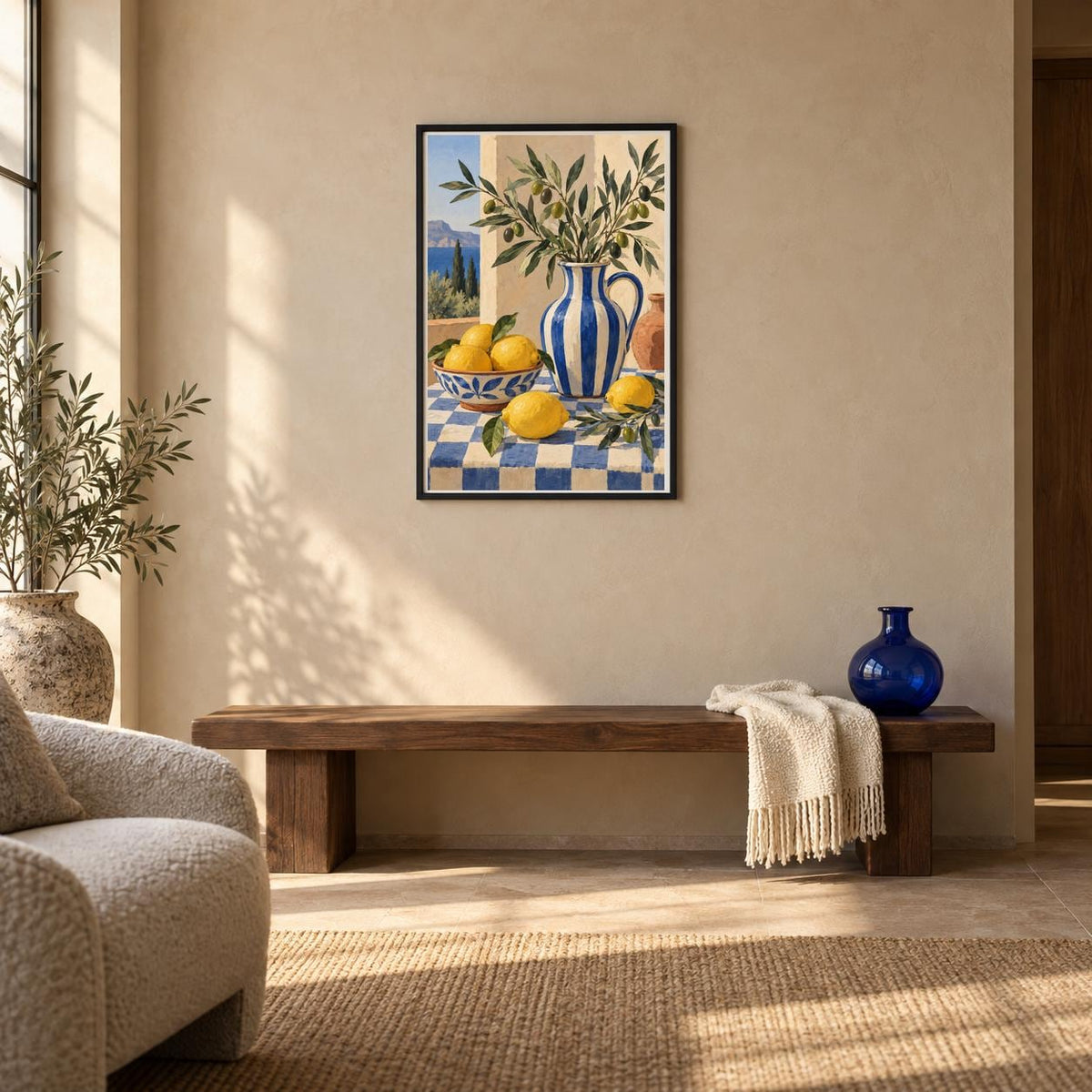 Framed lemon still life printable wall art in a warm neutral living room