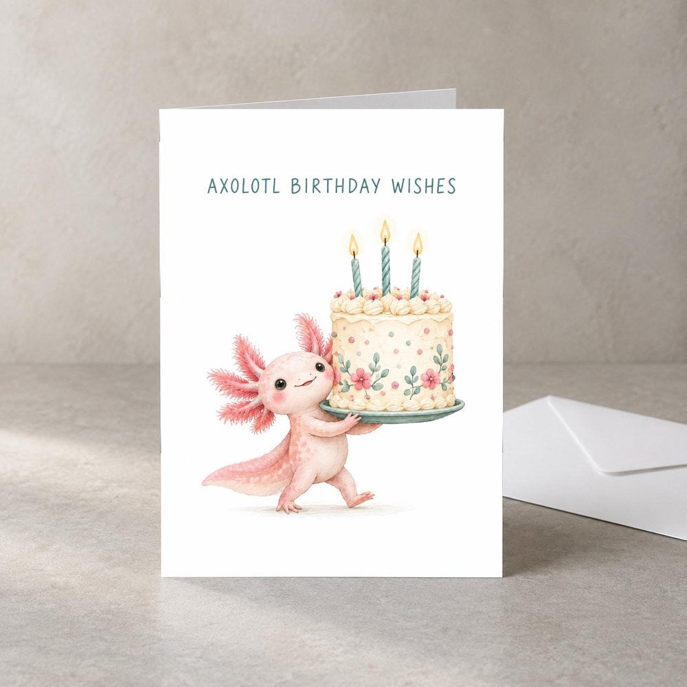 Pink axolotl carrying a birthday cake on a printed greeting card