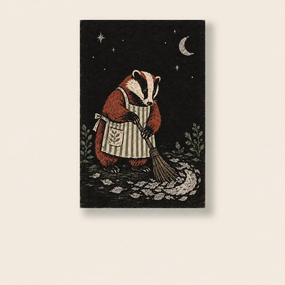 Woodland badger sweeping leaves beneath a crescent moon; printable wall art